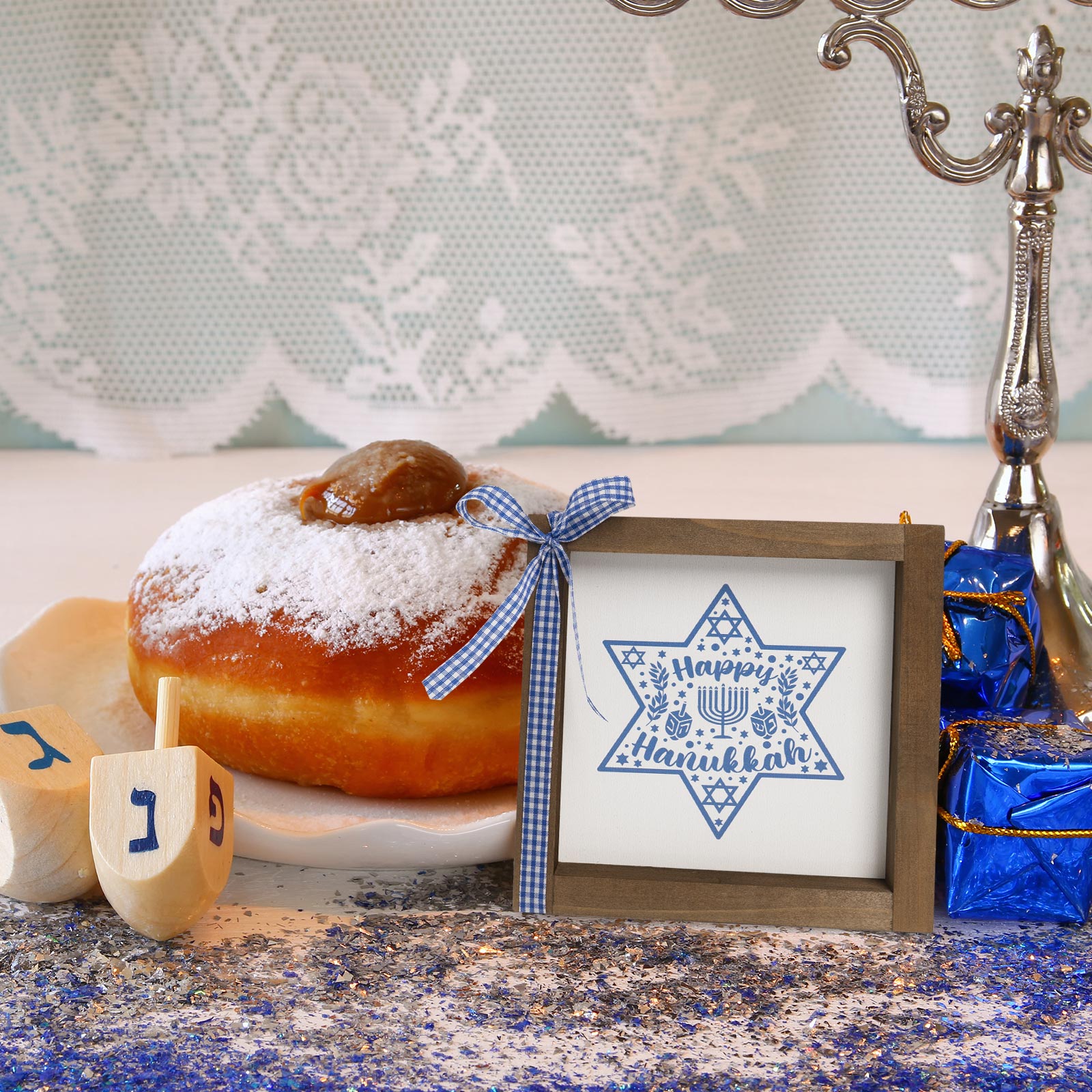 Happy Hanukkah Sign, Hanukkah Decorations for Home, Wooden Chanukah Wall Decor, Star of David Tiered Tray Desk Shelf Decor