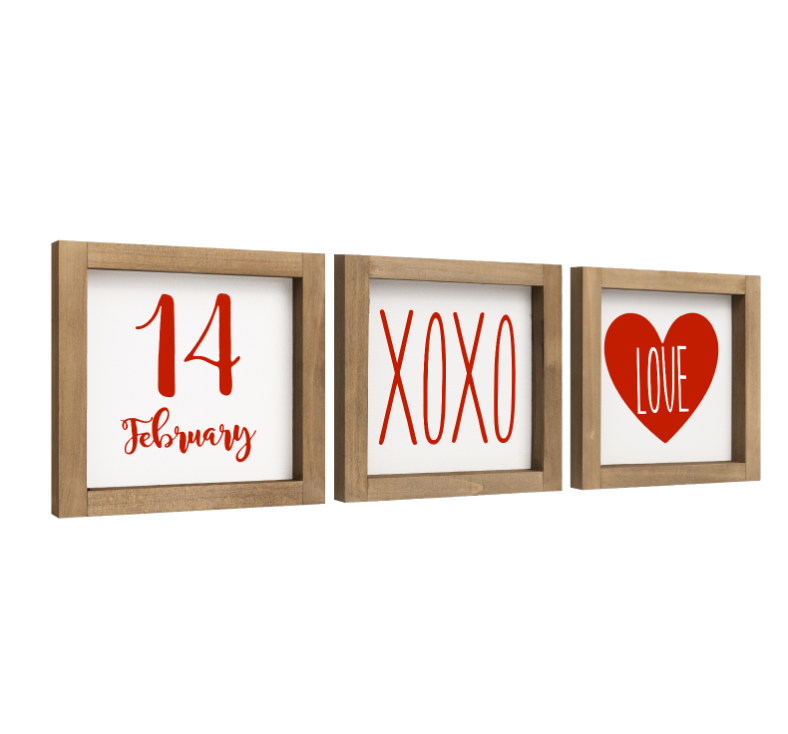 Set of 3 Valentines Day Sign Decor, Wooden Framed XOXO Love February 14th Valentine's Day Decoration for Home Table Tiered Tray Mantel