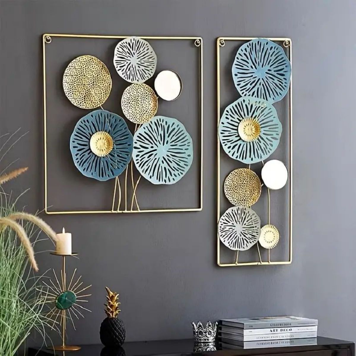 Metal Wall Art Decor 17.7*17.7inch square iron Wall Sculpture Decorative Artwork Mirrored Flower Wall Hanging Decor for Living Room Home Office Hallway Bedroom Kitchen