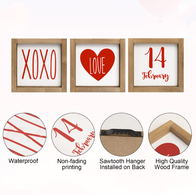 Set of 3 Valentines Day Sign Decor, Wooden Framed XOXO Love February 14th Valentine's Day Decoration for Home Table Tiered Tray Mantel