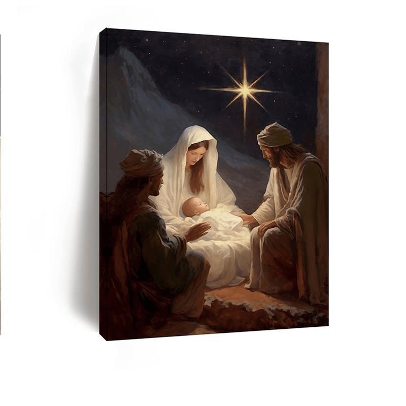 1pc, Vintage style wood frame canvas painting, Christian Christmas scene, Christmas wall art, Ready to hang, Perfect holiday gift, Home & Bedroom decoration