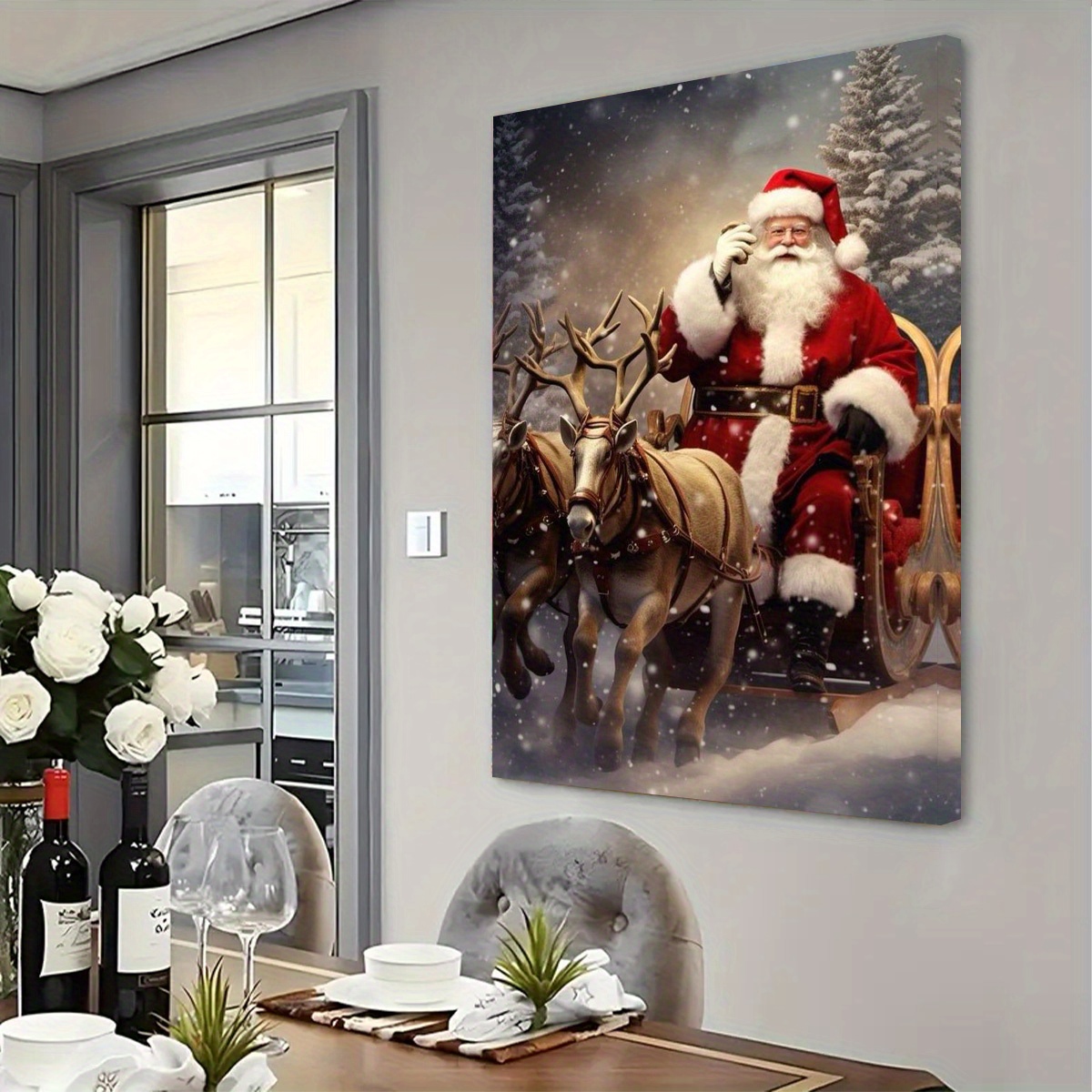 1 piece Santa Claus canvas artwork, elegant framed wall decor, vivid holiday decoration for home, bedroom, office, ready to hang, classic religious theme, perfect choice for Christmas gifts.