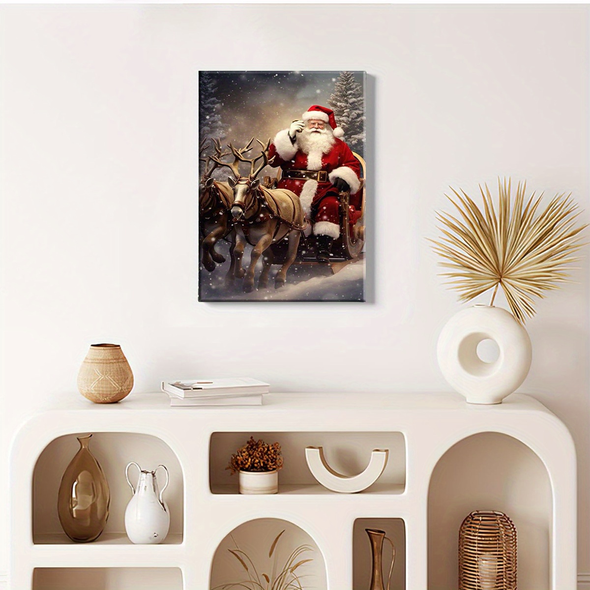 1 piece Santa Claus canvas artwork, elegant framed wall decor, vivid holiday decoration for home, bedroom, office, ready to hang, classic religious theme, perfect choice for Christmas gifts.
