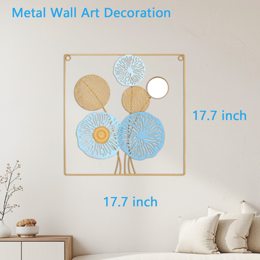 Metal Wall Art Decor 17.7*17.7inch square iron Wall Sculpture Decorative Artwork Mirrored Flower Wall Hanging Decor for Living Room Home Office Hallway Bedroom Kitchen