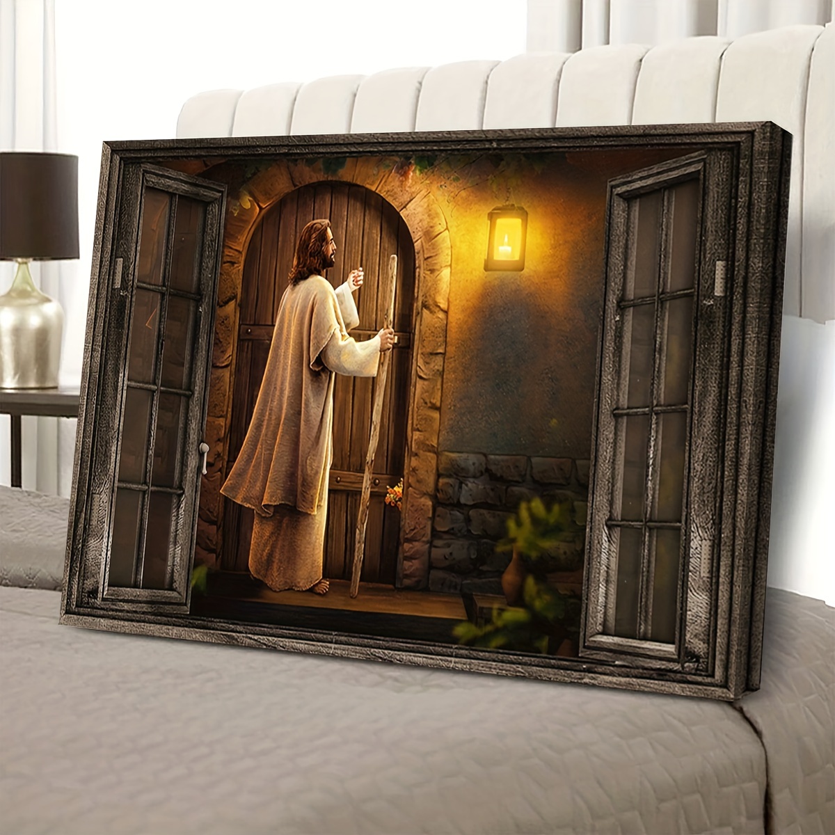 1 piece canvas painting with wooden frame, ready to hang, religious art, god landscape canvas painting, god knocking on the door landscape canvas print, ideal gift for bedroom living room hallway, wall art, wall decor, winter decor, room decor