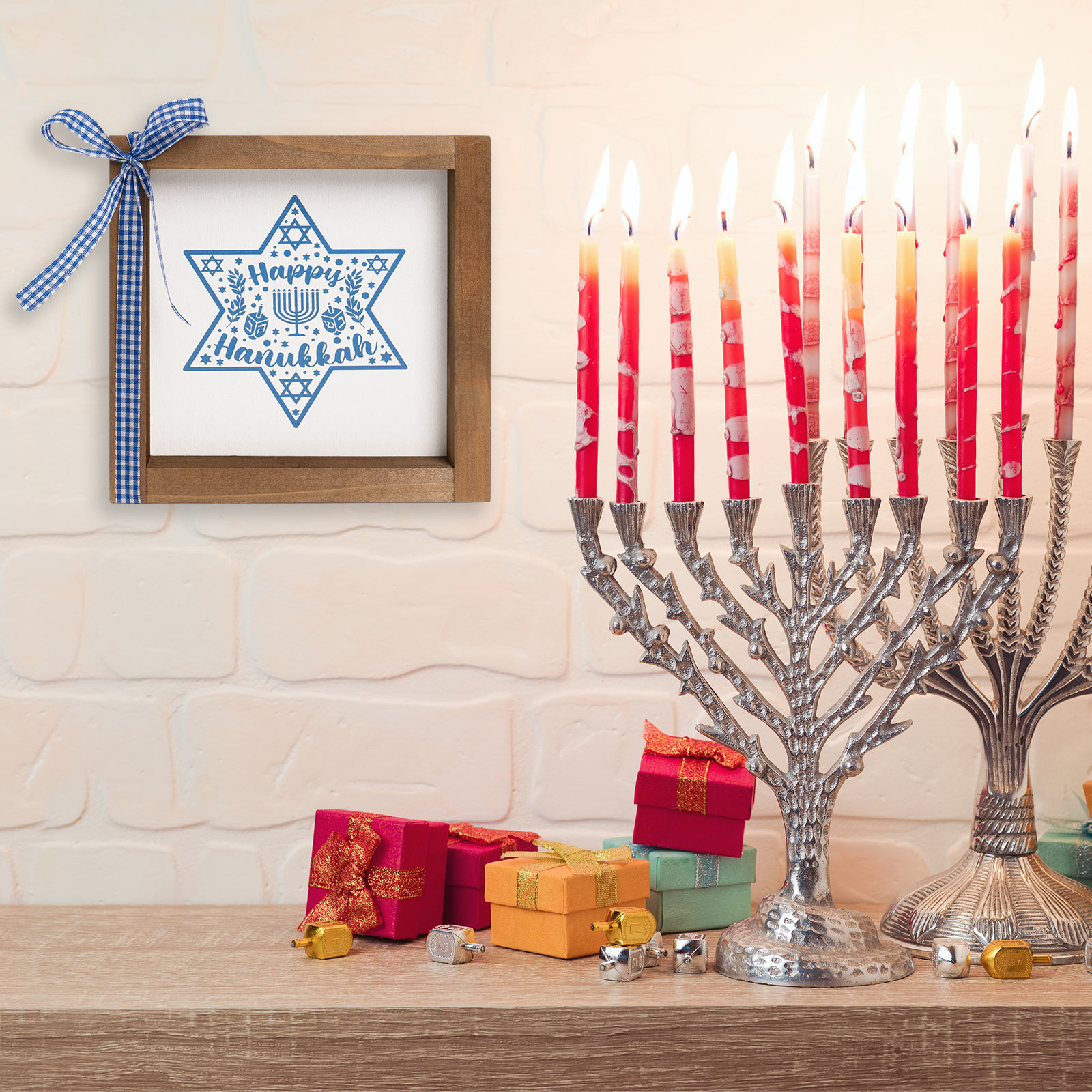Happy Hanukkah Sign, Hanukkah Decorations for Home, Wooden Chanukah Wall Decor, Star of David Tiered Tray Desk Shelf Decor