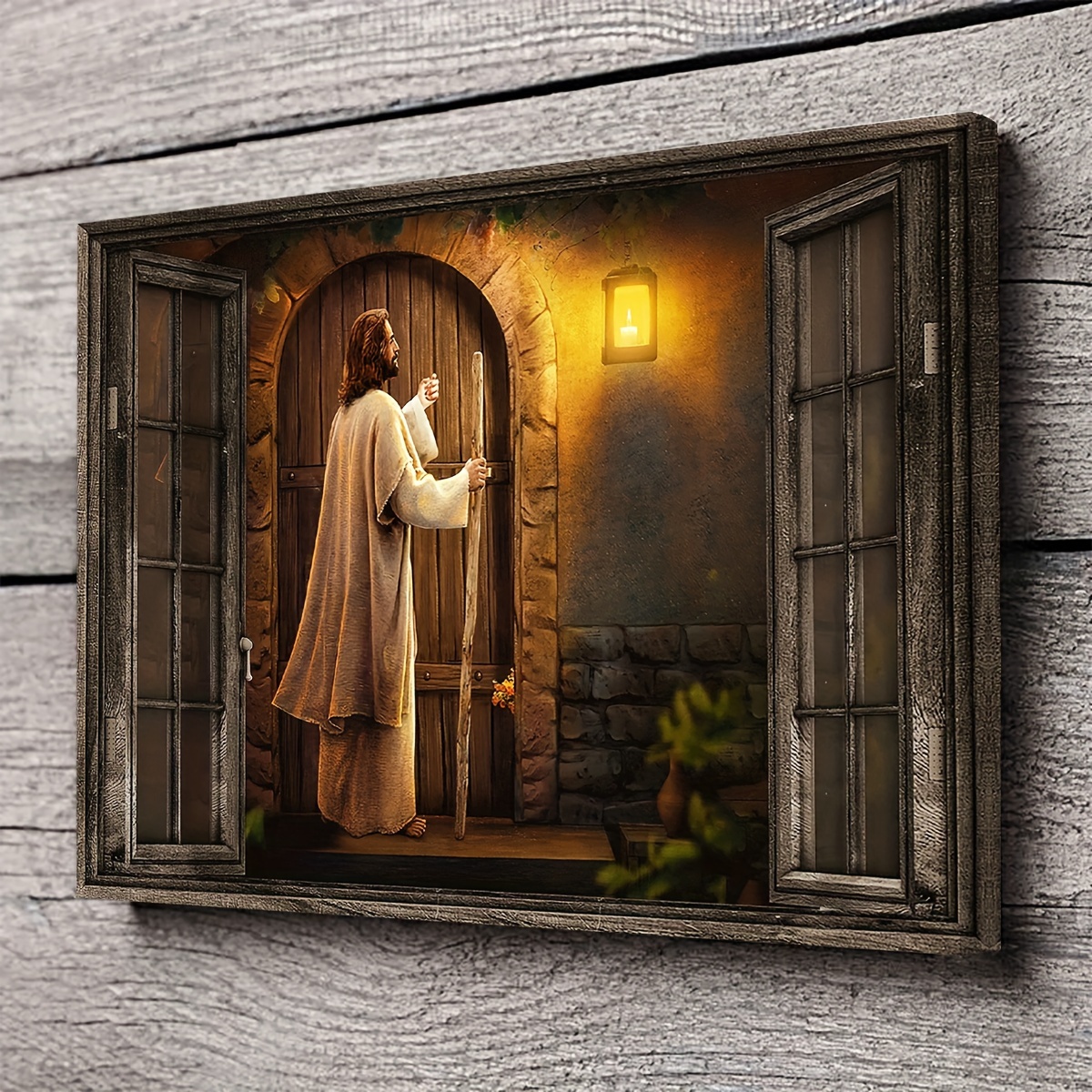 1 piece canvas painting with wooden frame, ready to hang, religious art, god landscape canvas painting, god knocking on the door landscape canvas print, ideal gift for bedroom living room hallway, wall art, wall decor, winter decor, room decor