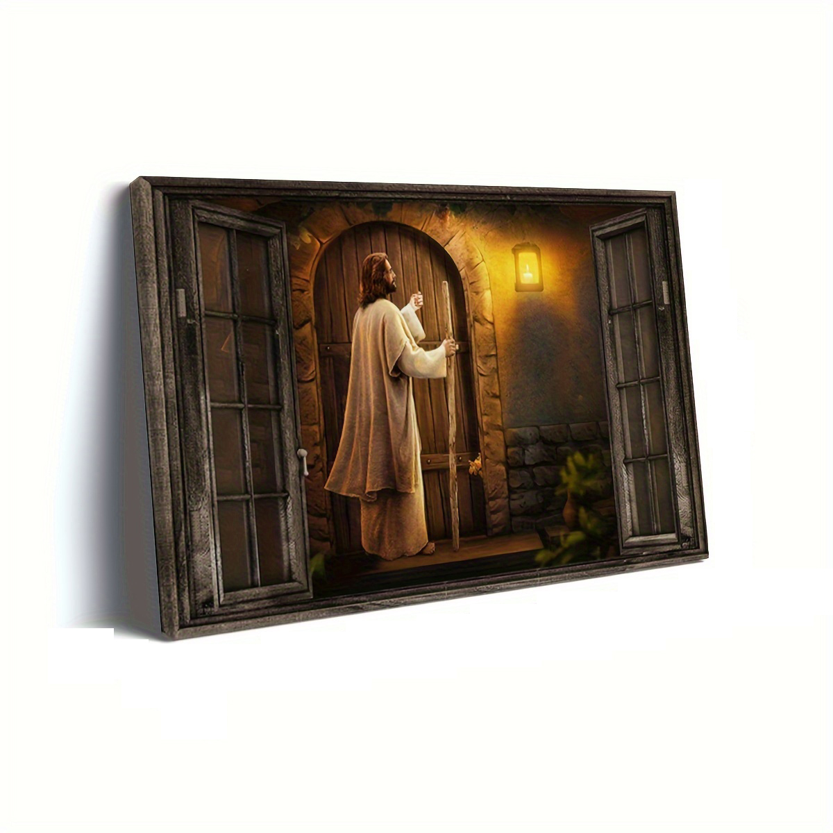 1 piece canvas painting with wooden frame, ready to hang, religious art, god landscape canvas painting, god knocking on the door landscape canvas print, ideal gift for bedroom living room hallway, wall art, wall decor, winter decor, room decor