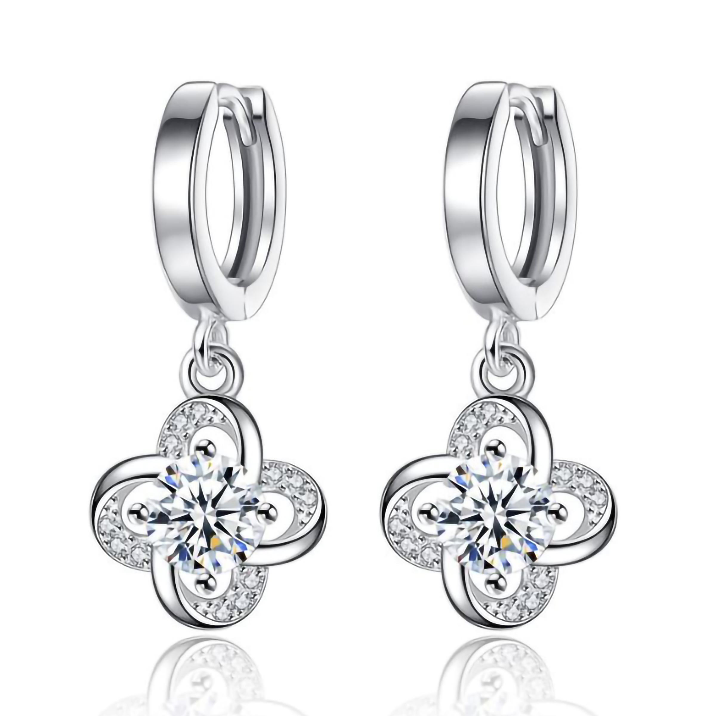 Emma Manor 14k White Gold Overlay 5A Cubic Zirconia Forever Love 4 Clover Drop Earrings