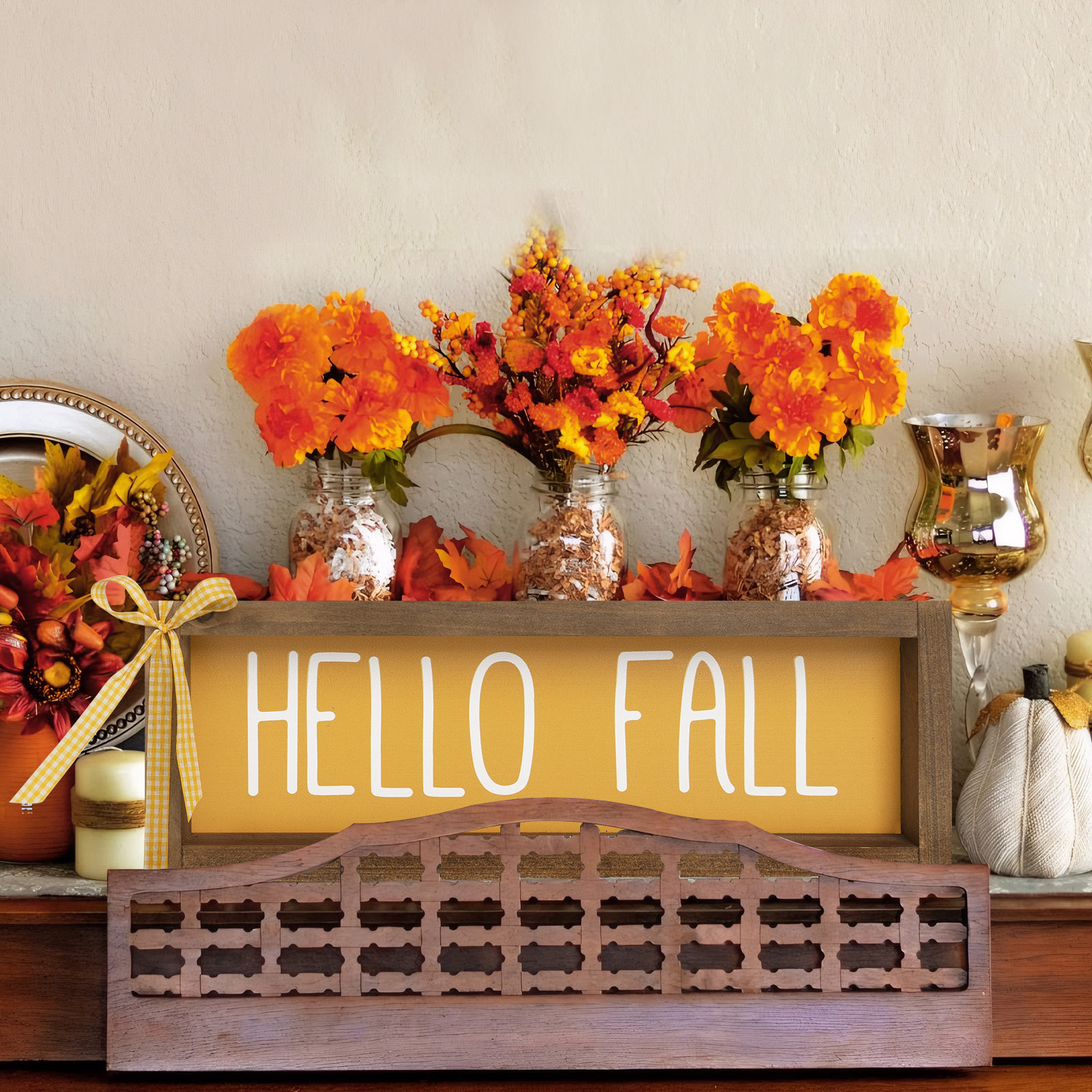 Hello Fall Sign, Wooden Fall Decorations for Home, Indoor Autumn Centerpieces for Tables Wall Shelf Desk Mantle Farmhouse House Decor