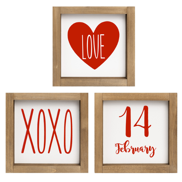 Set of 3 Valentines Day Sign Decor, Wooden Framed XOXO Love February 14th Valentine's Day Decoration for Home Table Tiered Tray Mantel
