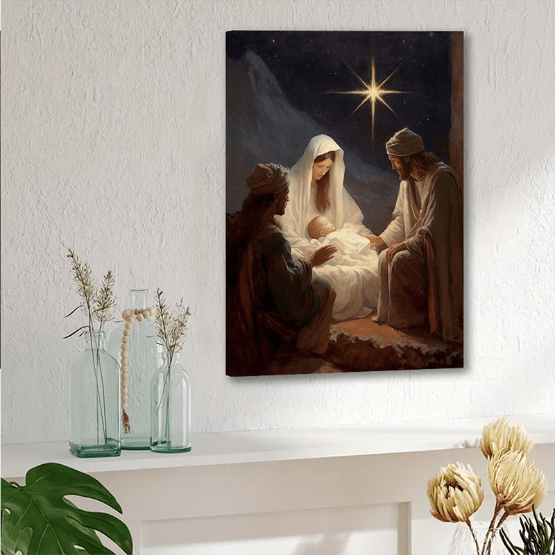 1pc, Vintage style wood frame canvas painting, Christian Christmas scene, Christmas wall art, Ready to hang, Perfect holiday gift, Home & Bedroom decoration