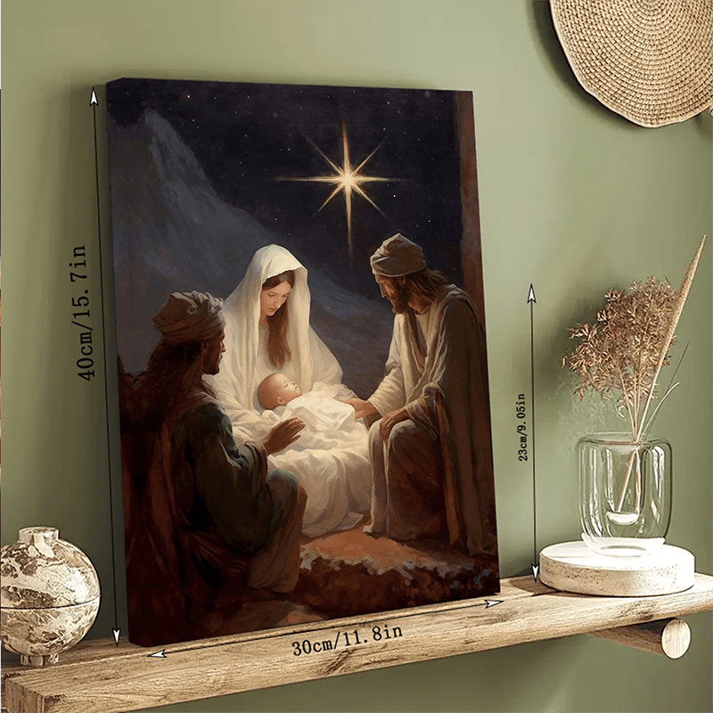 1pc, Vintage style wood frame canvas painting, Christian Christmas scene, Christmas wall art, Ready to hang, Perfect holiday gift, Home & Bedroom decoration