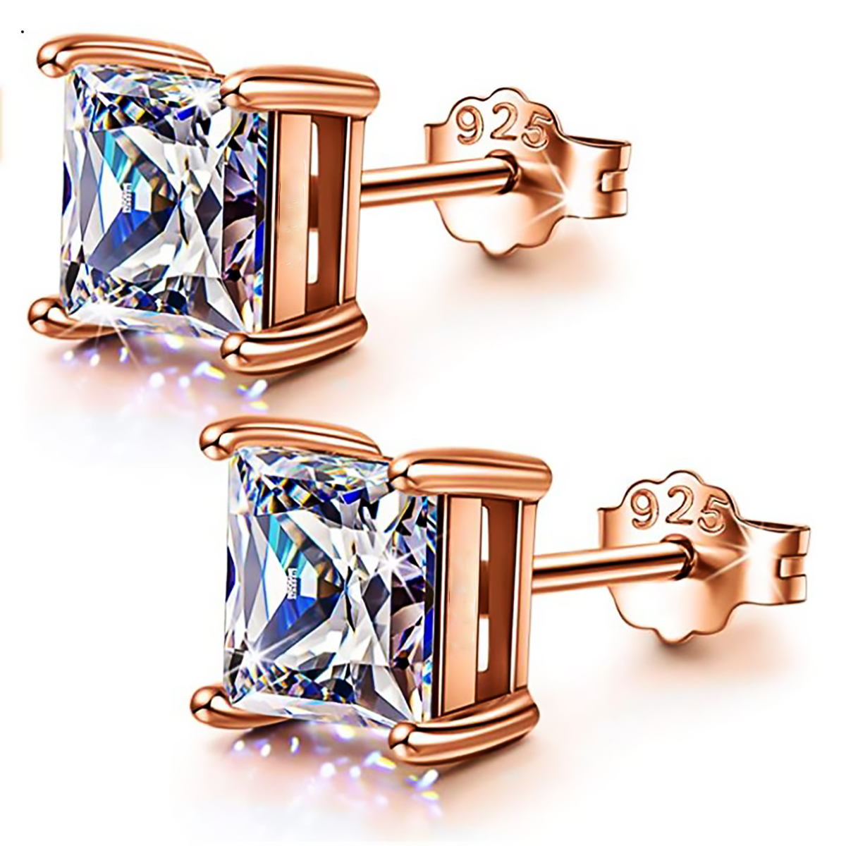 Emma Manor 925 Sterling Silver Stud Earrings 4 Prong Princess Cut Square Cubic Zirconia Ear Stud for Women Men Girl CZ 4mm-7mm