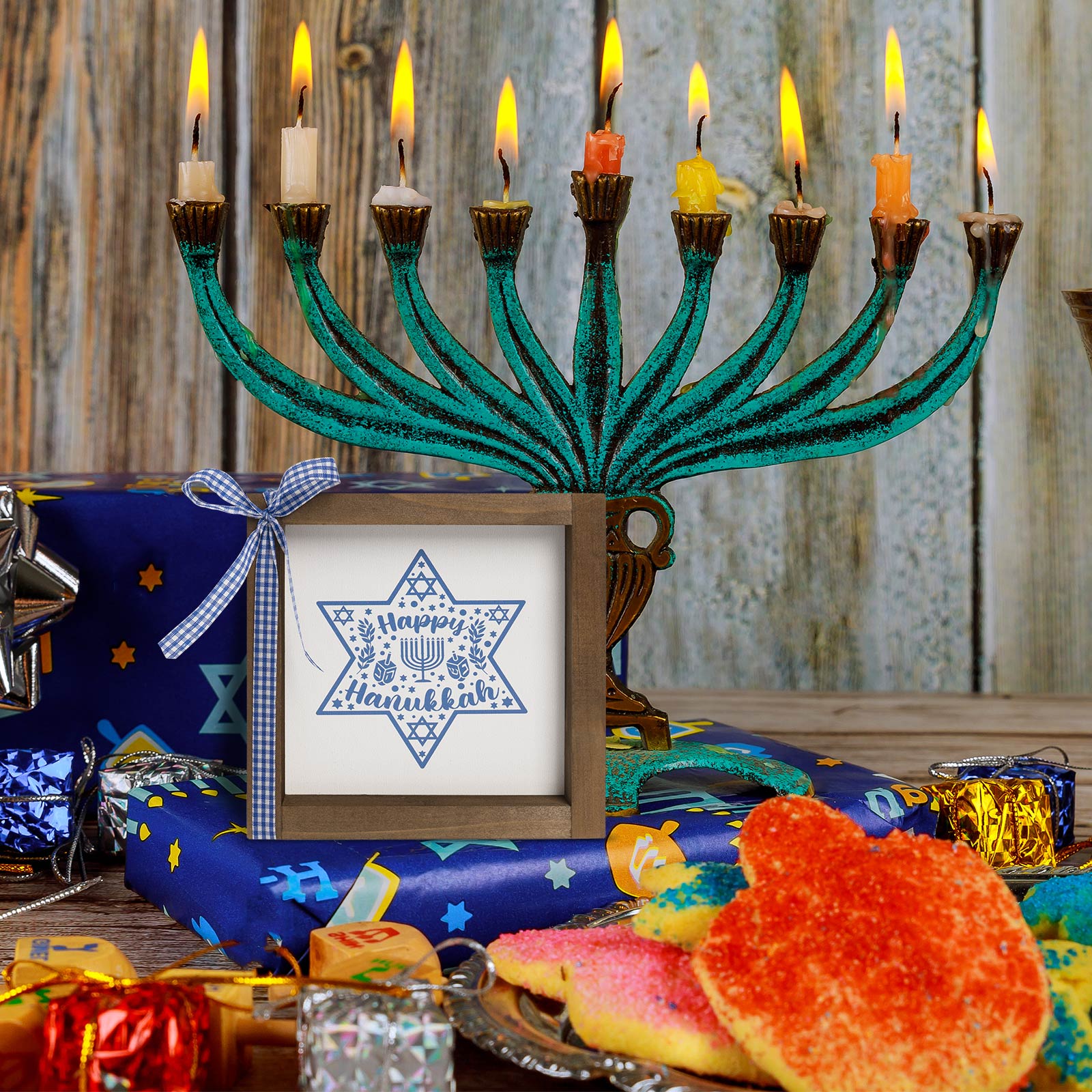 Happy Hanukkah Sign, Hanukkah Decorations for Home, Wooden Chanukah Wall Decor, Star of David Tiered Tray Desk Shelf Decor