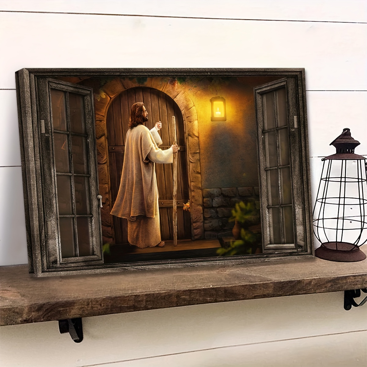 1 piece canvas painting with wooden frame, ready to hang, religious art, god landscape canvas painting, god knocking on the door landscape canvas print, ideal gift for bedroom living room hallway, wall art, wall decor, winter decor, room decor