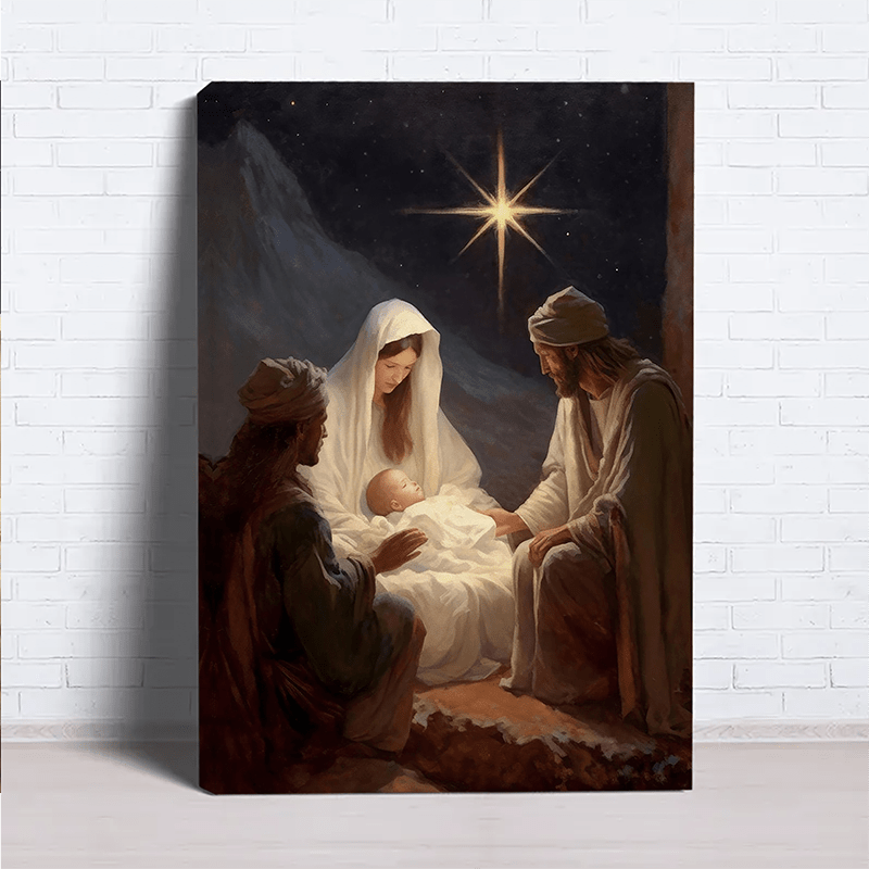 1pc, Vintage style wood frame canvas painting, Christian Christmas scene, Christmas wall art, Ready to hang, Perfect holiday gift, Home & Bedroom decoration