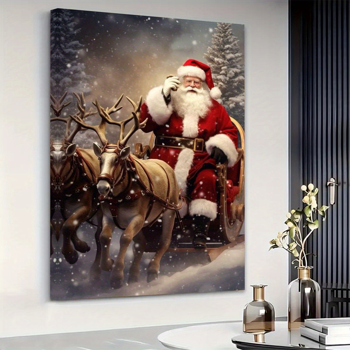 1 piece Santa Claus canvas artwork, elegant framed wall decor, vivid holiday decoration for home, bedroom, office, ready to hang, classic religious theme, perfect choice for Christmas gifts.