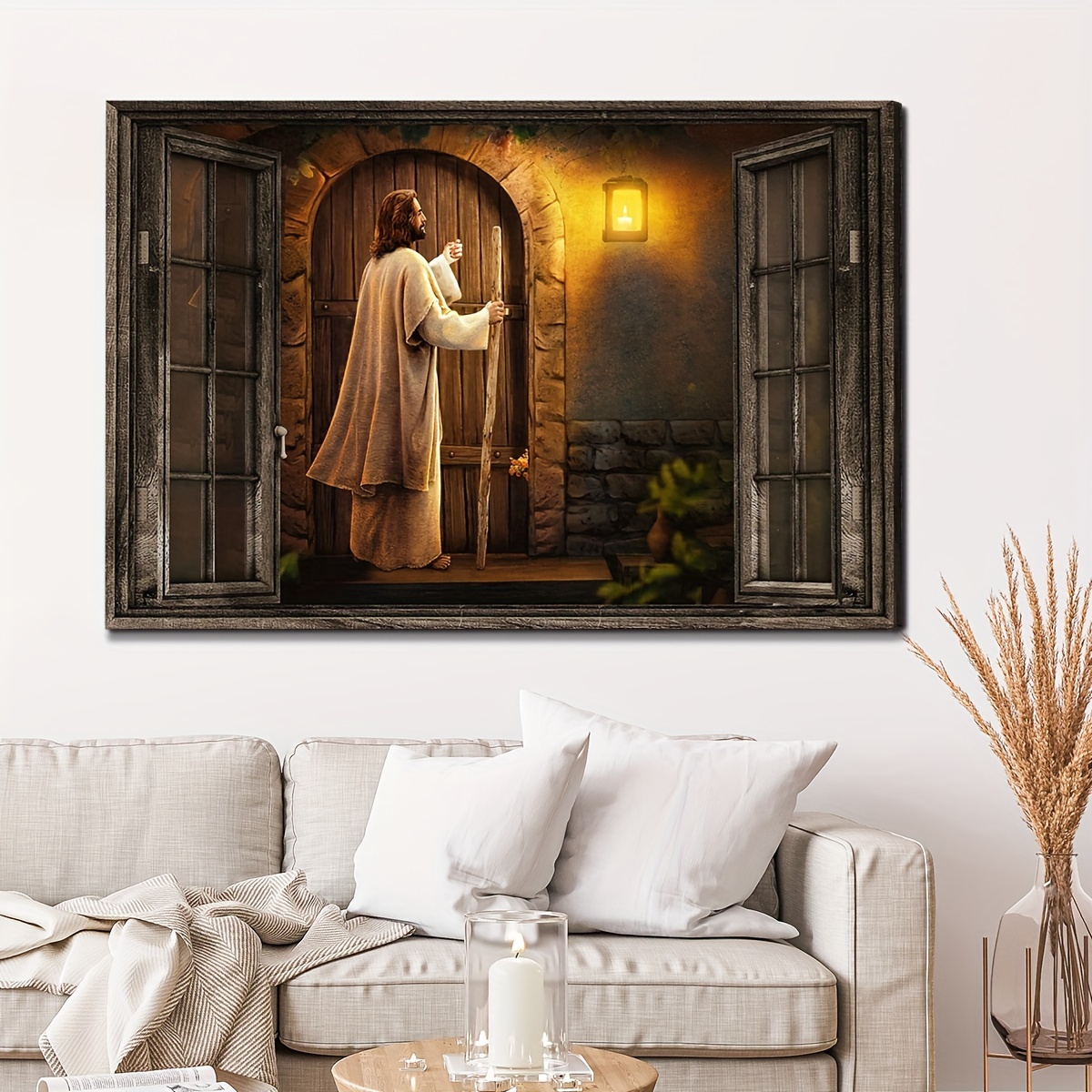 1 piece canvas painting with wooden frame, ready to hang, religious art, god landscape canvas painting, god knocking on the door landscape canvas print, ideal gift for bedroom living room hallway, wall art, wall decor, winter decor, room decor