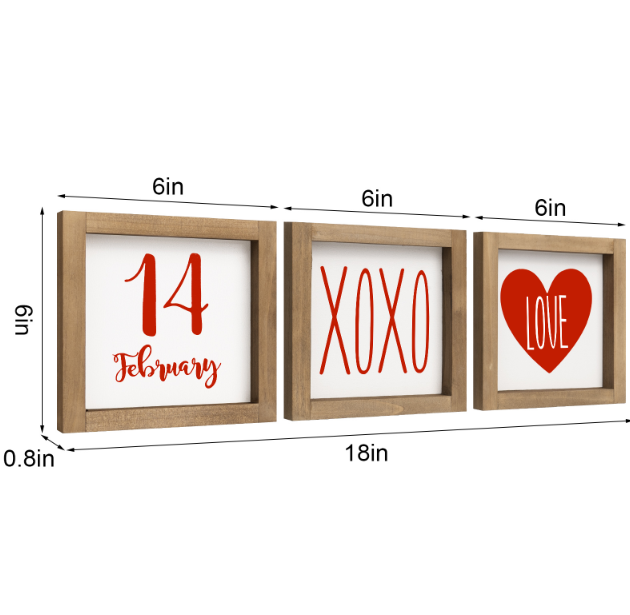 Set of 3 Valentines Day Sign Decor, Wooden Framed XOXO Love February 14th Valentine's Day Decoration for Home Table Tiered Tray Mantel