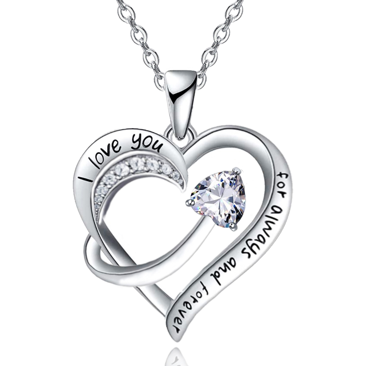 Emma Manor 18k White Gold Plated 5A Cubic Zirconia Engraved I Love You Heart Pendant Necklace for Women Girls Wife