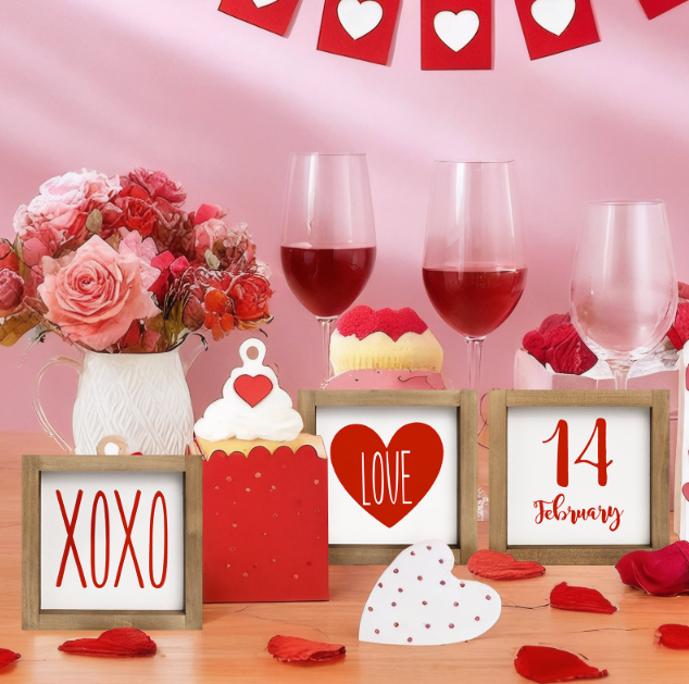 Set of 3 Valentines Day Sign Decor, Wooden Framed XOXO Love February 14th Valentine's Day Decoration for Home Table Tiered Tray Mantel