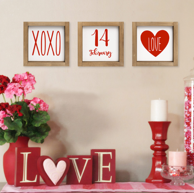 Set of 3 Valentines Day Sign Decor, Wooden Framed XOXO Love February 14th Valentine's Day Decoration for Home Table Tiered Tray Mantel