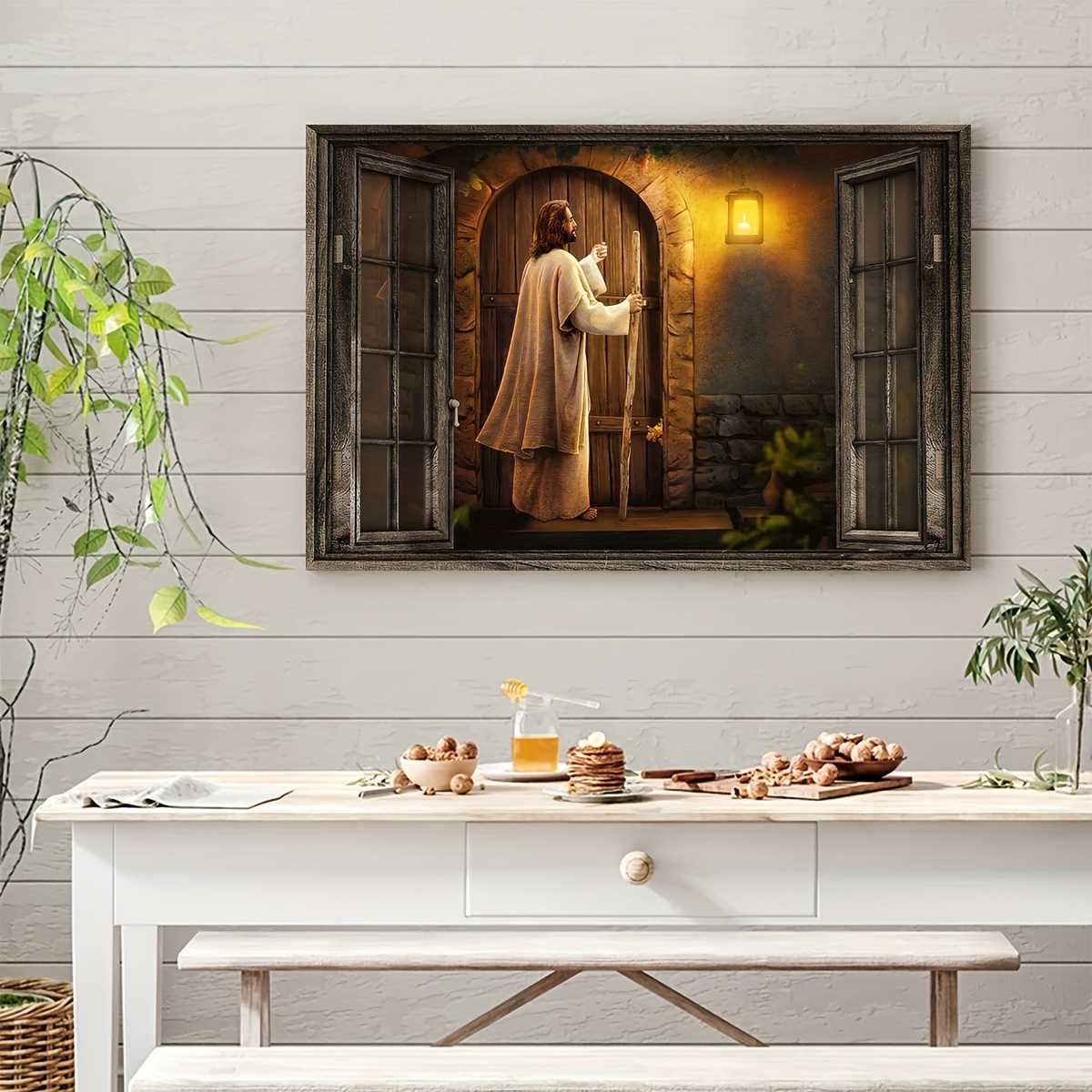 1 piece canvas painting with wooden frame, ready to hang, religious art, god landscape canvas painting, god knocking on the door landscape canvas print, ideal gift for bedroom living room hallway, wall art, wall decor, winter decor, room decor