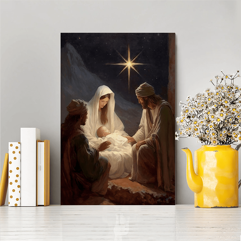 1pc, Vintage style wood frame canvas painting, Christian Christmas scene, Christmas wall art, Ready to hang, Perfect holiday gift, Home & Bedroom decoration