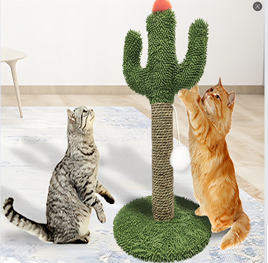 cactus Shaped Cat Climbing Tree 2 in 1 - solid Wooden base + Natural Sisal scratching Post with Suspended Ball Toys Indoor Cat Multi-Level Activity Center, Climbing, Claw Sharpening &amp; Play