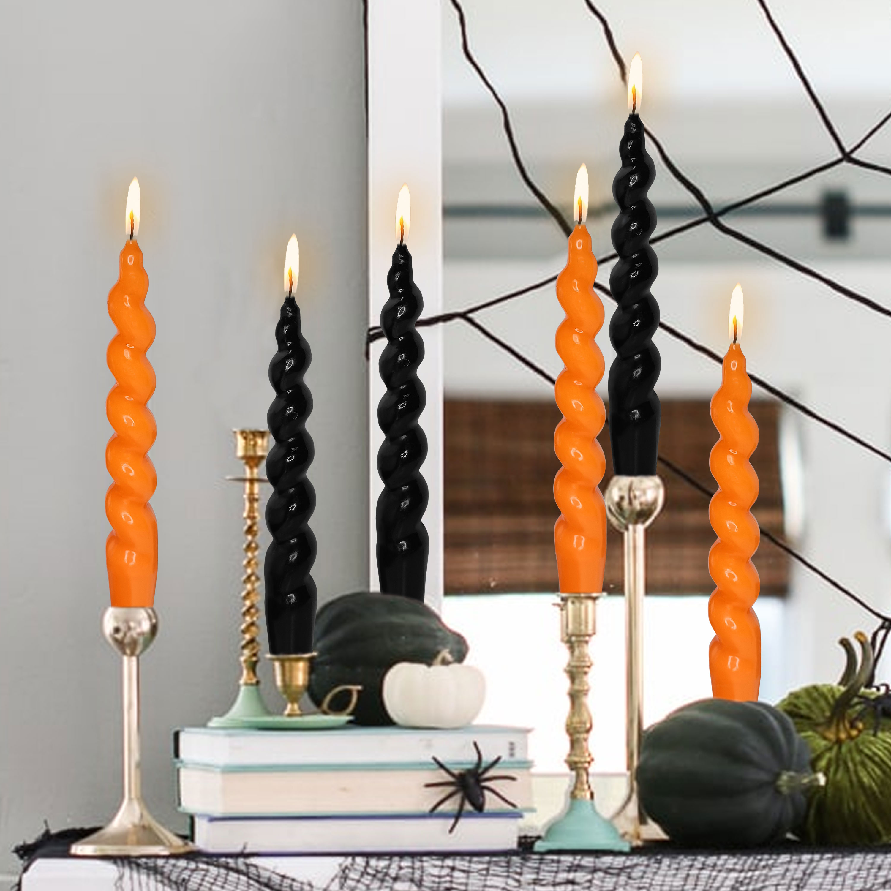 Handmade Christmas Spiral Taper Candles - Unscented Long Candles Orange Black Twisted Candles - 7.5 Inch Candle Sticks for Halloween, Christmas Wedding Dinner Decorations - Set of 6
