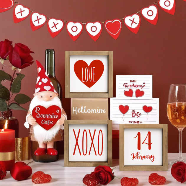 Set of 3 Valentines Day Sign Decor, Wooden Framed XOXO Love February 14th Valentine's Day Decoration for Home Table Tiered Tray Mantel