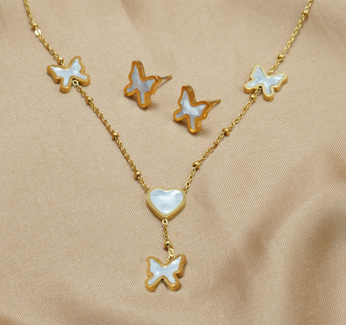 Lxalry 18K Gold Plated Stainless Steel Butterfly Jewelry Set, Hypoallergenic Tarnish-Free Mirror Necklace &amp; Earrings, Symmetrical Wing Design with Heart Clasp, Skin-Safe Luxury Gift for Her, Golden Hour Glow, Daily &amp; Party Accessories