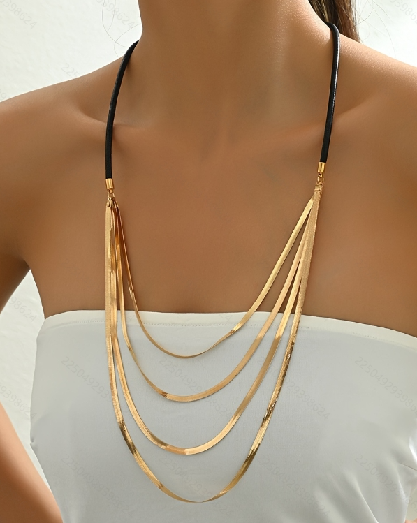 Lxalry 14K Gold/14K White Gold Plated &amp; Platinum Plated 4-Layer Gradient Snake Chain Necklace, Black Leather Layered Jewelry For Women, Tarnish-Resistant Hypoallergenic Designer Accessories For Sweater Daily Styling