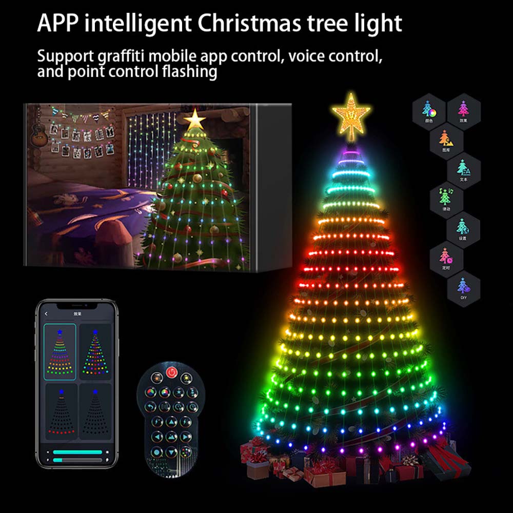 5Ft Smart Christmas Tree Lights - 400 LEDs with Remote & App Control - Music Sync, 11Modes - Green Wire, Suitable for Artificial Tree - Multicolor & Warm White for Indoor/Outdoor
