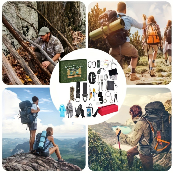 Survival Kit 2025 Men's Arrival Calendar, 24 Day Christmas Countdown with Outdoor Tools, Men's Edition Suitable for Outdoor Enthusiasts