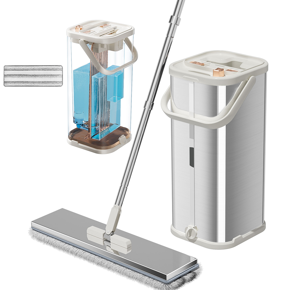 Separates Dirty Water Mop, Flat Mop and Bucket for Home with 4 Extra Refills, Stainless Steel Mop and Bucket with Wringer