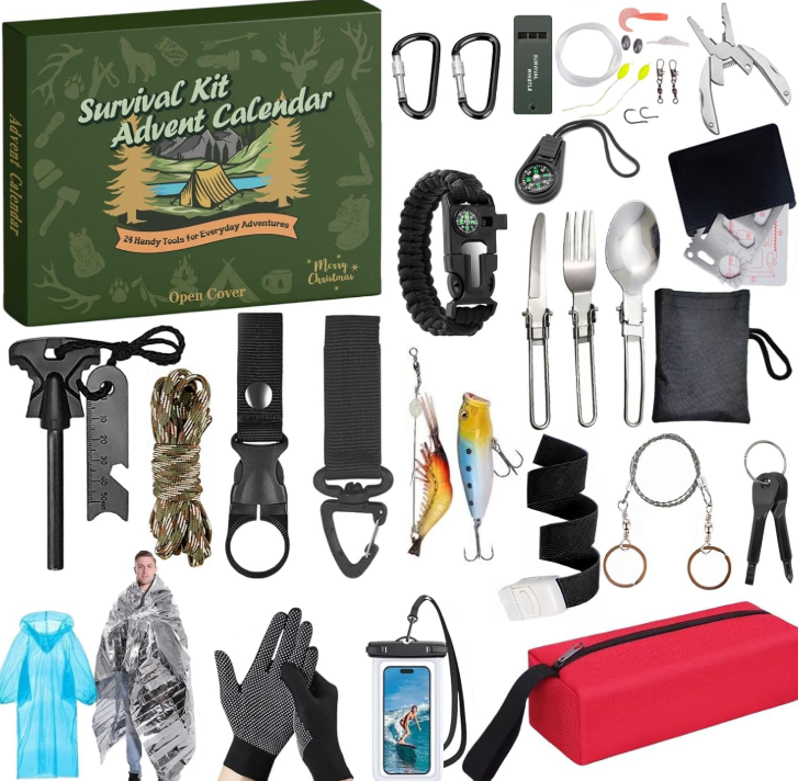 Survival Kit 2025 Men's Arrival Calendar, 24 Day Christmas Countdown with Outdoor Tools, Men's Edition Suitable for Outdoor Enthusiasts
