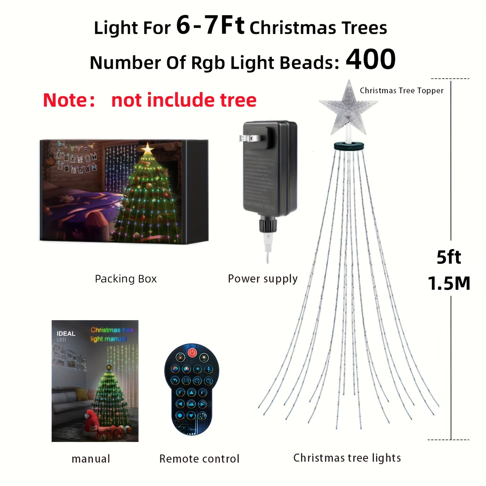 5Ft Smart Christmas Tree Lights - 400 LEDs with Remote & App Control - Music Sync, 11Modes - Green Wire, Suitable for Artificial Tree - Multicolor & Warm White for Indoor/Outdoor