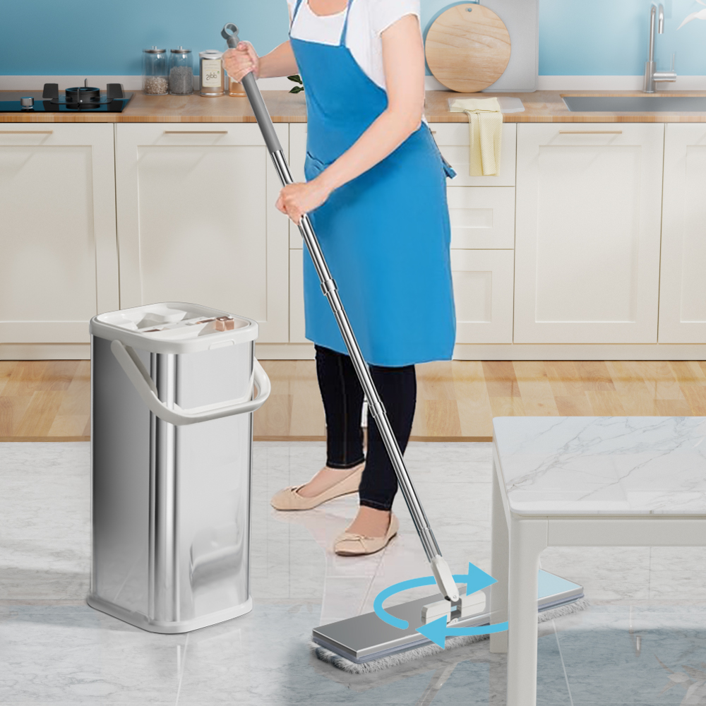 Separates Dirty Water Mop, Flat Mop and Bucket for Home with 4 Extra Refills, Stainless Steel Mop and Bucket with Wringer