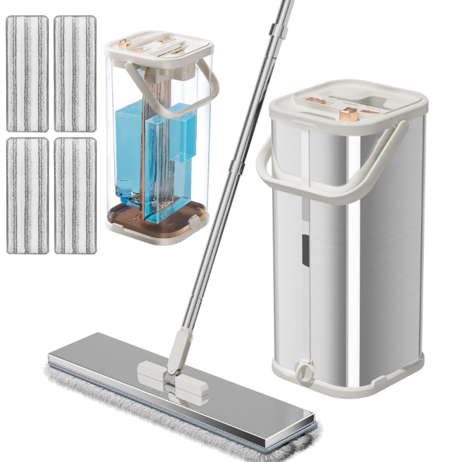 Separates Dirty Water Mop, Flat Mop and Bucket for Home with 4 Extra Refills, Stainless Steel Mop and Bucket with Wringer
