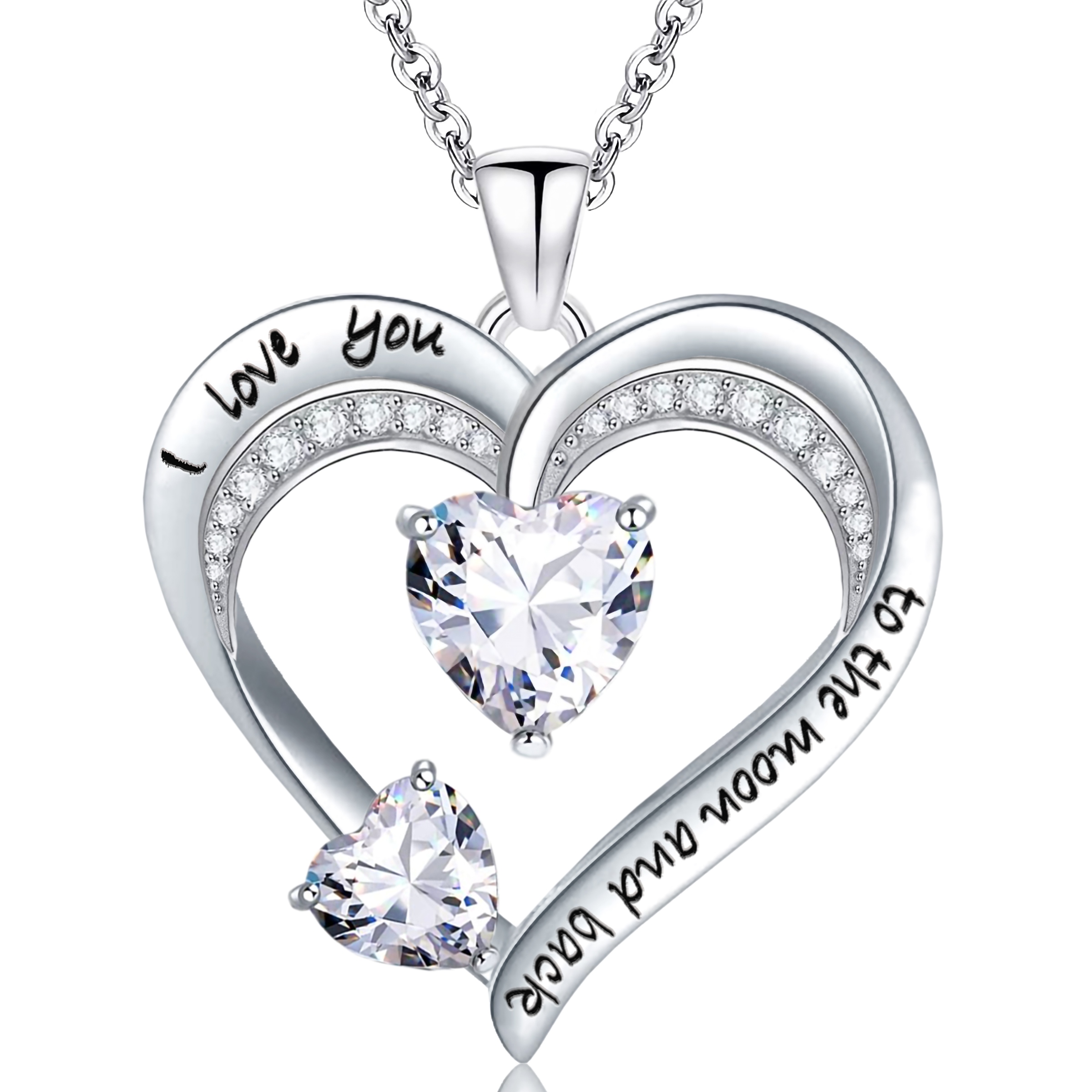 Emma Manor Love Heart Pendant Necklace 18k White Gold Plated 5A Cubic Zirconia Engraved I Love You Heart Jewelry Gift for Women Wife Girl
