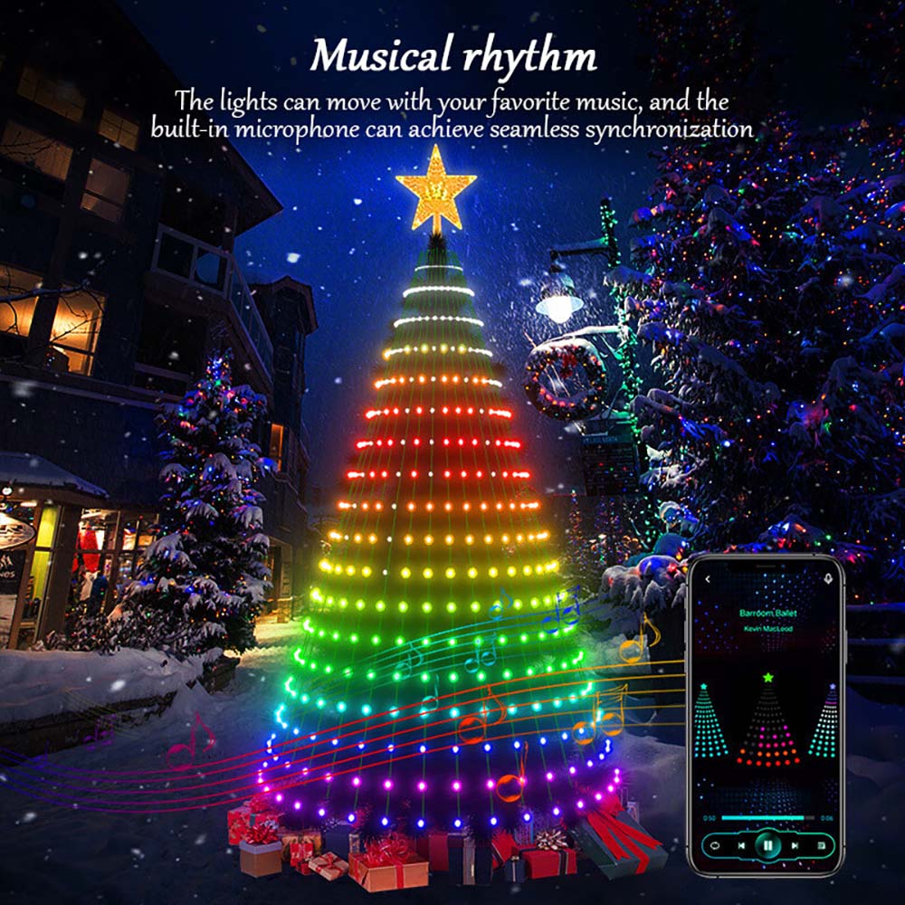 5Ft Smart Christmas Tree Lights - 400 LEDs with Remote & App Control - Music Sync, 11Modes - Green Wire, Suitable for Artificial Tree - Multicolor & Warm White for Indoor/Outdoor