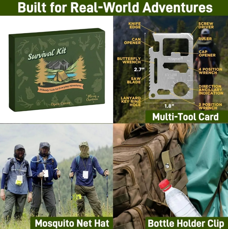 Survival Kit 2025 Men's Arrival Calendar, 24 Day Christmas Countdown with Outdoor Tools, Men's Edition Suitable for Outdoor Enthusiasts