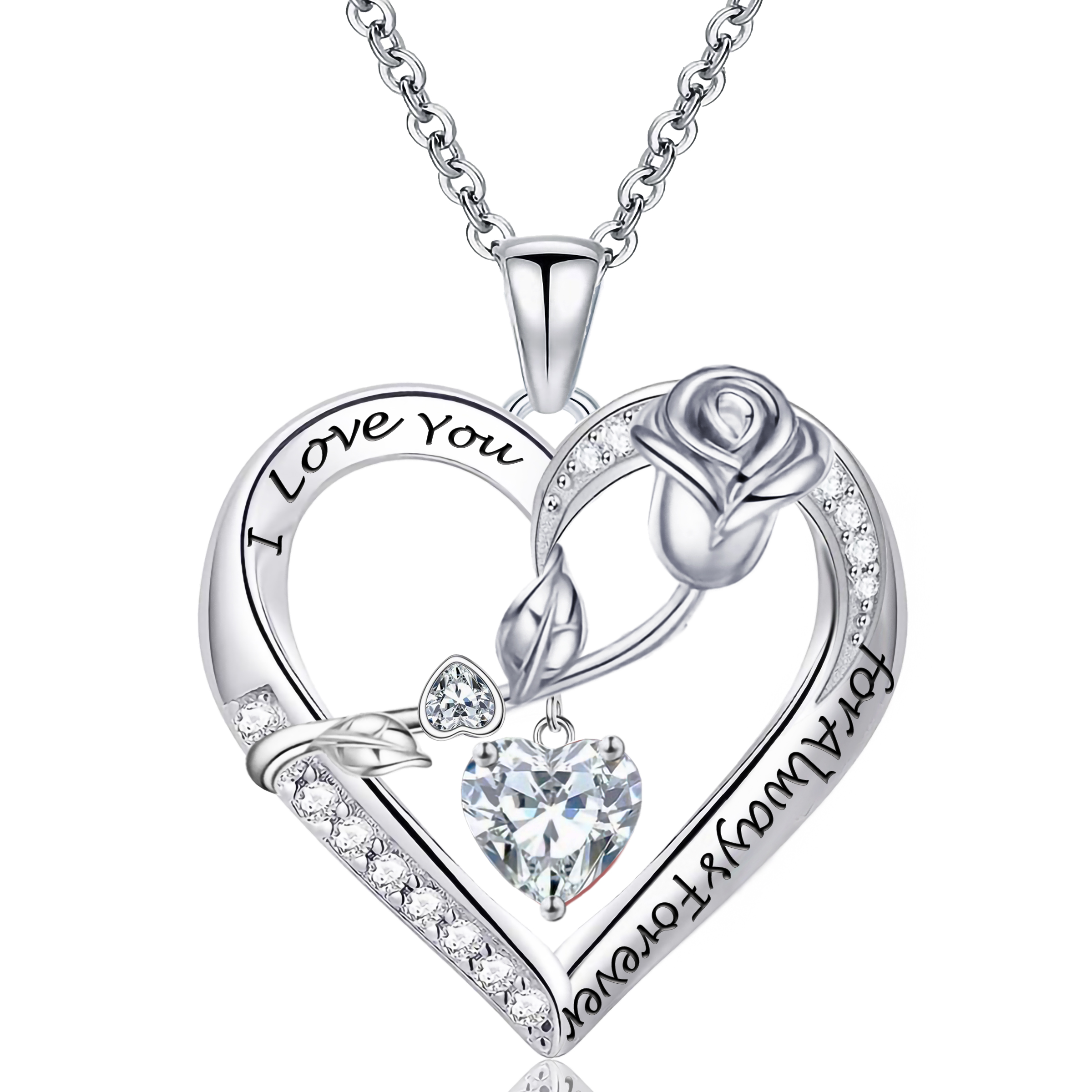 "Emma Manor Necklace for Women 14k White Gold Plated 5A Heart Cubic Zirconia Engraved I Love You Rose Pendant Necklace "