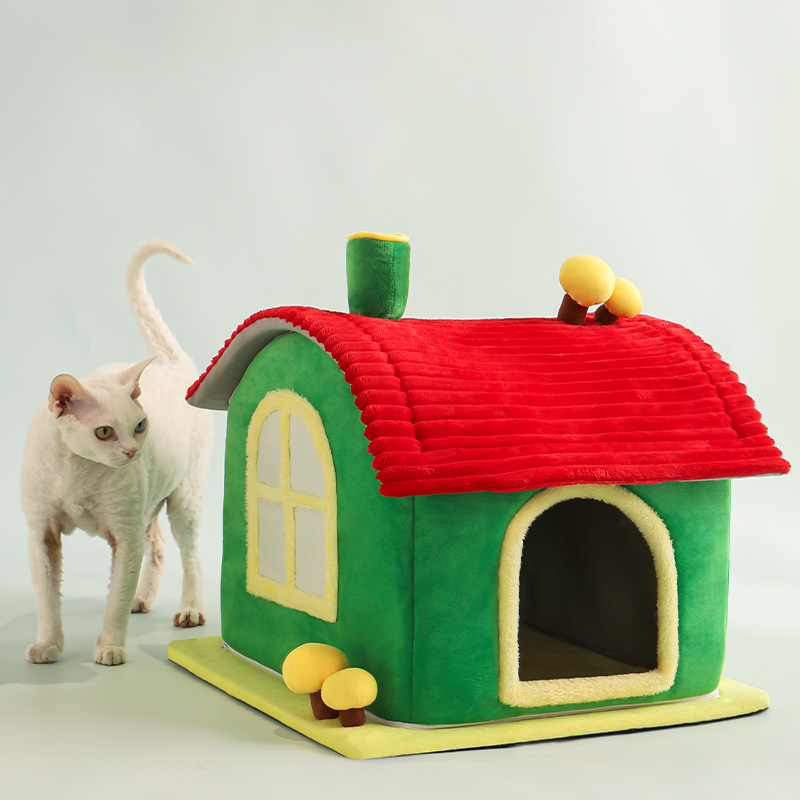 Cat bed indoor enclosed warm cave - cat bed with removable cleaning mat, ample interior space, comfortable and soft pet house, red and green colors, cute and friendly indoor cat bed,