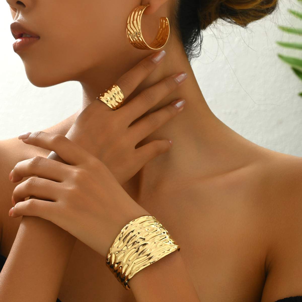 "Lxalry Gold Plated Minimalist Jewelry Set, Handcrafted Stackable Bracelet Earrings and Ring Trio, Lightweight 14K Gold Plated, Perfect Gift for Everyday Elegance and Evening Glamour "