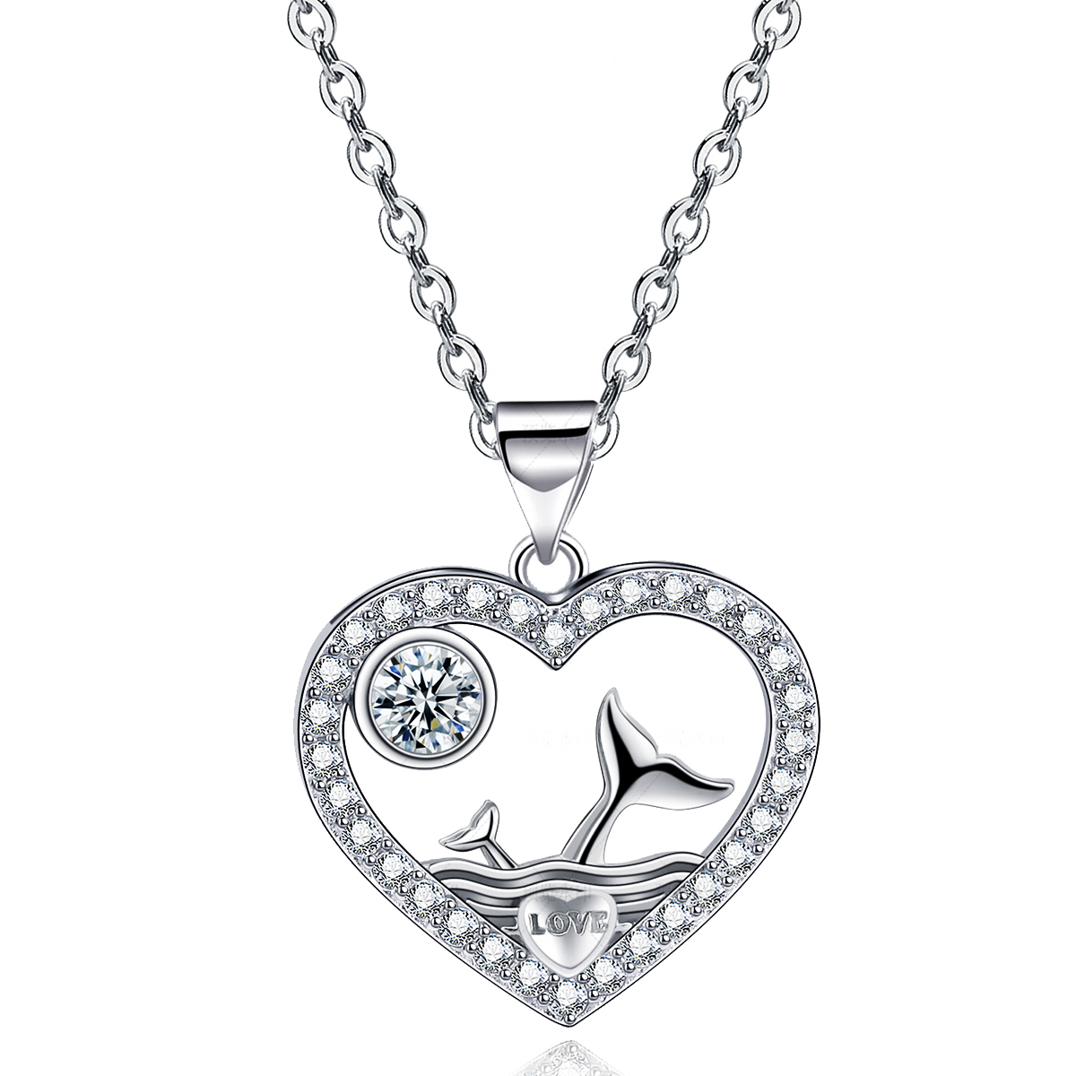 Emma Manor 14k White Gold Plated 5A Cubic Zirconia Whale Tail Love Heart Pendant Necklace