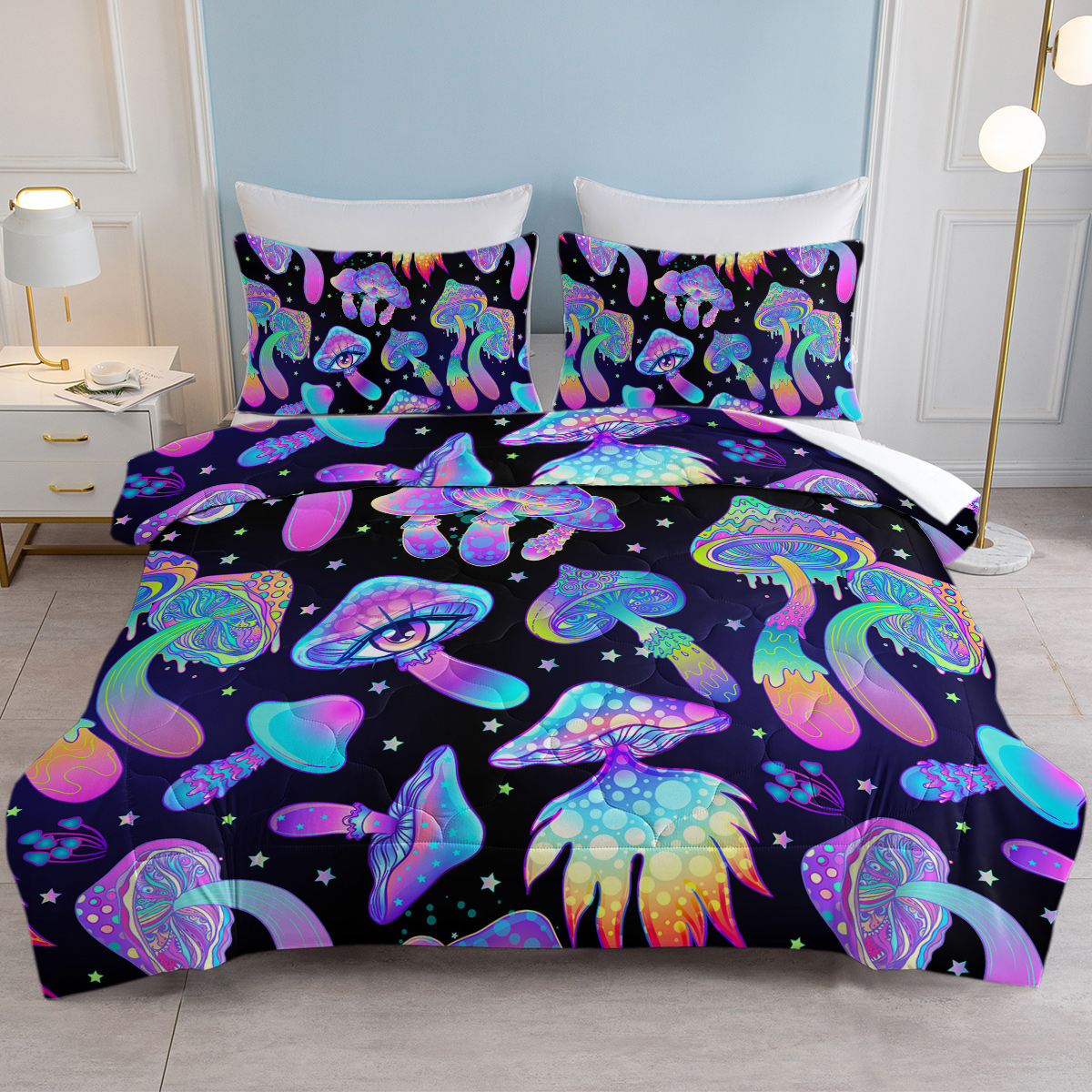 Mushroom Duvet Cover Set 3 Pieces Colorful Black Pattern Mushroom Comforter Cover Set, Soft Cartoon Mushroom Girls Boys Bedding Set for All Seasons (Blue Mushroom)