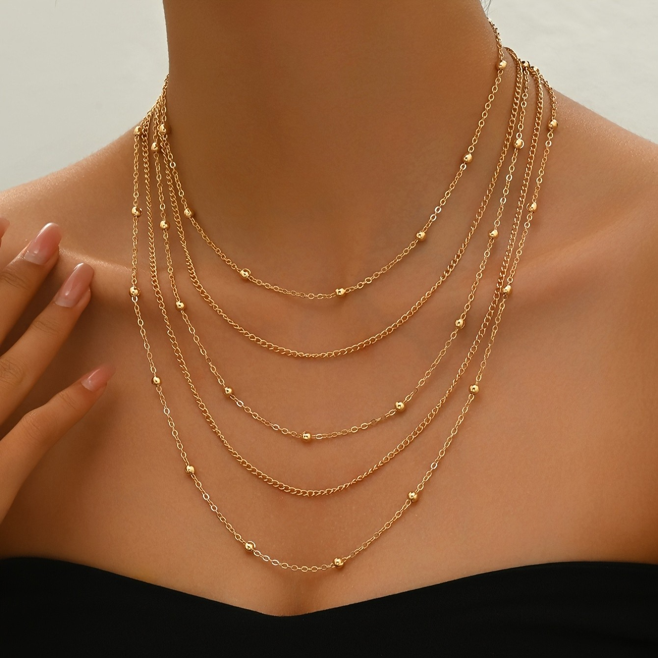 Lxalry   Plated Multi-Layer Thin Chain Necklace With Round Beads, Handmade Designer Jewelry For Women, Hypoallergenic Durable Fashion Accessories For Daily Party Date